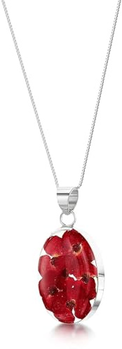 Shrieking Violet® Halskette mit Mohnblumen-Motiv Anhänger Sterling-Silber 925 oval handgefertigt mit echten Euphorbia Milii Blumen Perfektes Geschenk für Weihnachten.