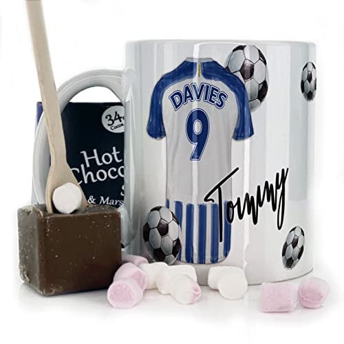 Personalised Mug and Belgian Milk Chocolate/Hot Chocolate Stirrer Marshmallow Gift Set, Customised with Name / Number / Text, (11oz) White, Blue, Black, Mug with White and Blue Stripe Football Shirt