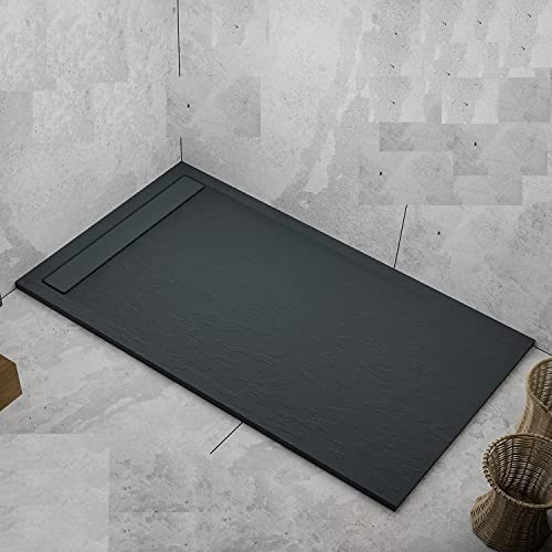 Plato de ducha gris antracita RAL7011 Mineralmarmol con efecto piedra pizarra, serie Lisboa, Slim 3 cm, revestimiento Gelcoat, antideslizante (70 x 170)