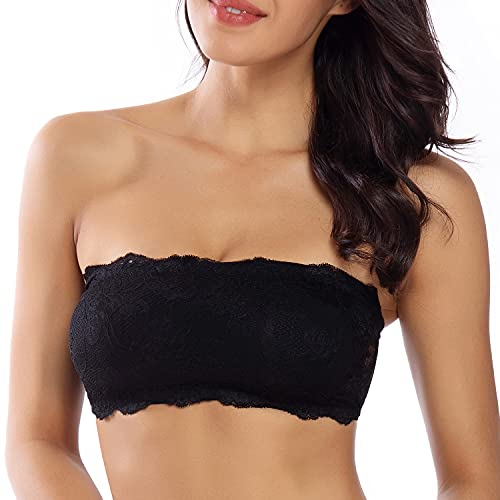 WOWENY Pizzo Reggiseno Senza Spalline con Imbottiture Rimovibile, Reggiseno Invisibile Bandeau Top a Tubo Elasticizzato da Donna Senza Ferretto Nero M