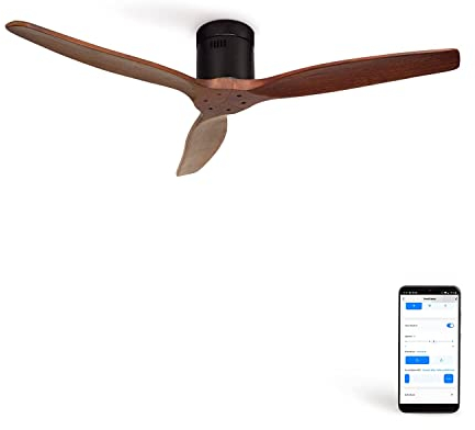 CREATE / WINDCALM DC/Ventilatore da soffitto con WIFI con motore DC nero, con pale in legno scuro/Silenzioso, timer