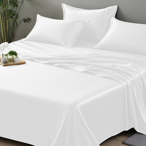 LINENWALAS Bettlaken aus 100 % Bio-Bambus, weichste kühlende Luxus-Bettwäsche, perfekt für Haar und Haut (King/Weiß)