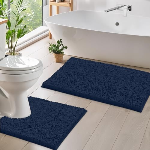 LuxUrux Bathroom Rugs Sets 2 Piece, Luxury Chenille Bath Mat Set, Soft Plush Anti-Slip Bath Rug + U-Shaped Toilet Mat. Microfiber Shaggy Carpet, Super Absorbent, Navy.