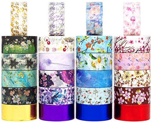 Floral Washi Tape Set 24 Rollen – Dekoratives Masking Tape Japanische Papierbänder für Kunst und Handwerk, DIY-Projekte, Sammelalben, Kalender, Bibeljournal