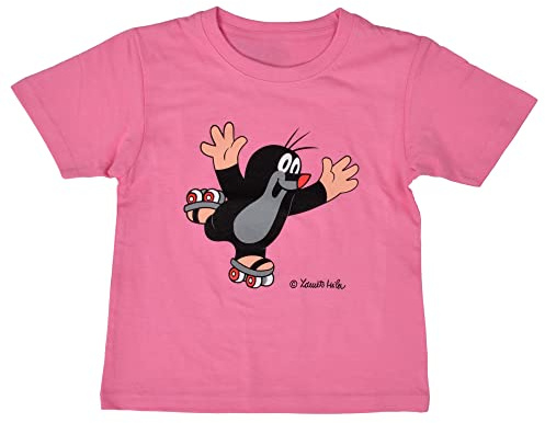 Kurzärmeliges T-Shirt Cartoon Muster Tiermotiv Original Der Kleine Maulwurf The Little Mole Krtek Krtecek Rosa Pink, Maulwurf und Rollschuhe, 118-128, für Kinder Jungen Mädchen Unisex