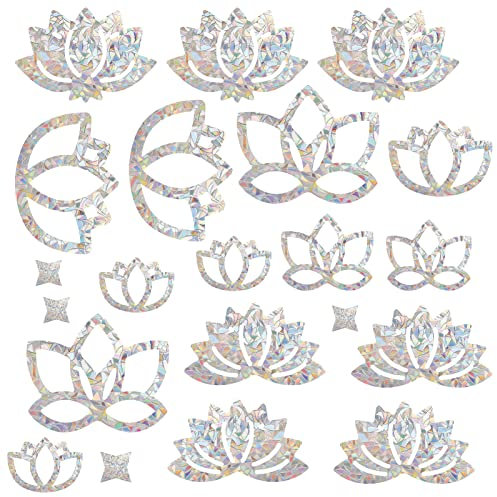 GORGECRAFT 20 STÜCKE Lotus Fensteraufkleber Anti-Kollisions-Regenbogen-Fensterglas-Aufkleber Für Vögel Streik Blumen-Aufkleber Nicht Klebende Prismatische Vinylfolie Für Schiebetüren Fensterglas