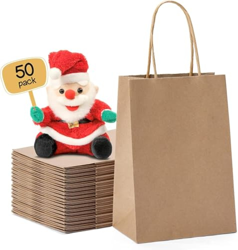 METRONIC Paper Gift Bags 5.25x3.75x8 50Pcs, Christmas Gift Wrap Bags with Handles, Brown Kraft Paper Bag for Small Business, Bulk Party Favors Bag for Birthday, Shopping, Retail, Made in USA