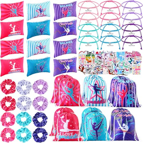 Abbylike 98-teiliges Gymnastik-Partygeschenk-Set, 12 Gymnastik-Make-up-Taschen, 12 Gymnastikarmbänder, 12 Kordelzug-Rucksack, 12 Gymnastik-Haarbänder, 50 temporäre Tattoos für Frauen, Mädchen,