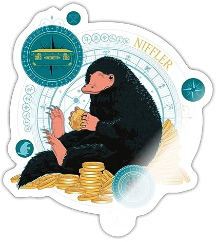 Spreadshirt Phantastische Tierwesen Niffler mit Münzen Sticker, 10 x 10 cm, Weiß glänzend