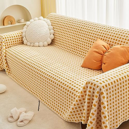 Mesnt Sofabezug Recamiere, Chenille Sofaüberwurf Decke Couch mit Plüsch-Gittermuster Gelb, 180x340CM
