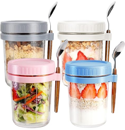 VITEVER 4 Pack Overnight Oats Jars, Overnight Oats Container with Lid and Spoon, 10 oz overnight glasses, Cereal, Milk, Vegetable and Fruit Salad Storage Container with Measurement Marks