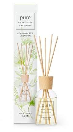 PURE ROOM EDITION 100ml Raumduft Zitronengras & Geranie: natürliche Inhaltsstoffe, vegan & tierversuchsfrei, Bio-Alkohol, Diffuser mit Stäbchen hergestellt in Italien
