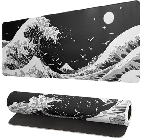 Grand tapis de souris topographique pour gaming - Noir et blanc - Bords cousus en caoutchouc antidérapant - Pour ordinateur portable et bureau - Motif vagues noires et blanches