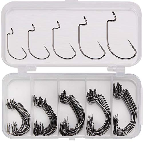 Steinn Angelhaken Set | Offset Haken Wurm Angeln Haken mit Kunststoffboxen High Carbon Stahl Würmer Haken für Gummiköder Gummifische Jigs Köder Salzwasser Angelhaken Angelzubehör 50Pcs