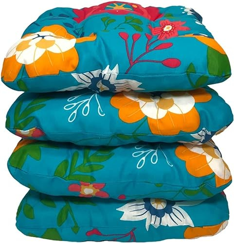 Katex 4er Set Sitzkissen 38x38 cm Sitzpolster Stuhlkissen Outdoor & Indoor Kissen Weiche Kissen für Gartenstühle, Kissen mit 8cm Schaumstoff Polsterung - Hergestellt in Polen (Susablaue Blumen)