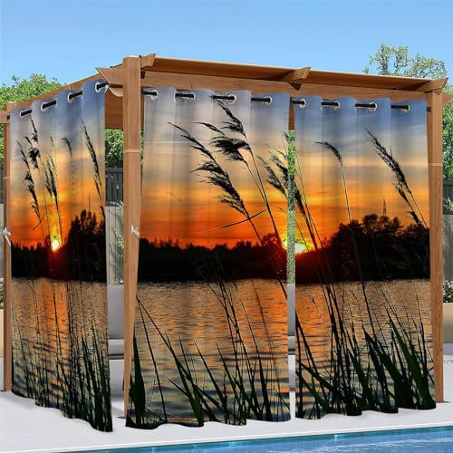 Sonnenuntergang Outdoor Vorhang Wetterfest, 3D Verdunkelungsvorhang Outdoor Vorhänge Wasserdicht Sonnenschutz Sichtschutz Outdoor Gardinen mit Ösen, 2 Stück 132 x 274 cm, Schilf