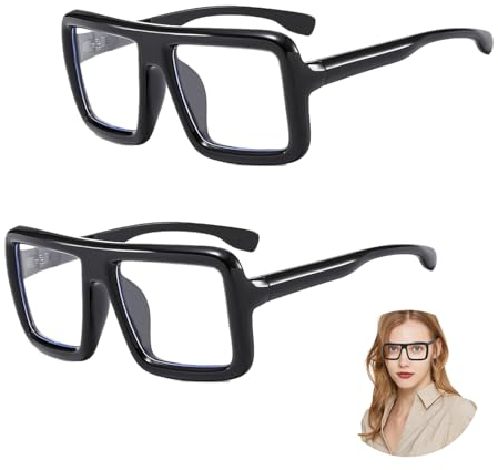 FUIPVGI 2 Stücke Hornbrille Spielzeugbrille, Dicker Quadratischer Rahmen, Klare Linse, Retro Brille Nerd, Detektiv Brille für Karneval, Fasching, Mottoparty, Verkleidung, Accessoire, Cosplay(Schwarz)