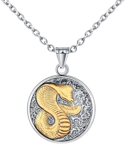 INFINIONLY Kreative Herren Edelstahl Medaillon Halskette Vintage Geschnitzte Kobra Ketten Anhänger mit 55CM Kette Fashion Jungen Teenager Schmuck Dekoration 4,7X3,4cm Runder Anhänger