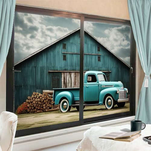 Modern Truck Window Film Sun Blocking Vintage Wooden House Blue Car House Window Tint Film No Glue Glass Cling Coverings for Home Decorative 90 x 140 cm x2 Pcs