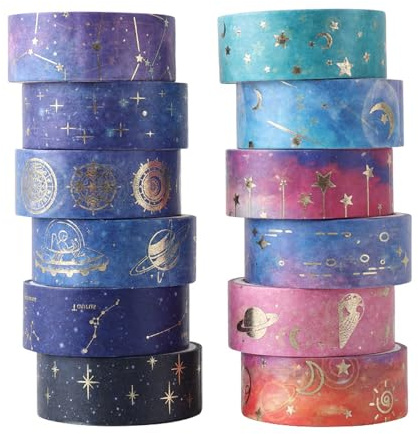 JOYVOX 12 Rolls Washi Tape Set, Galaxy Purple Decorative Masking Tape with Gold Foil, Aesthetic Scrapbook Tape for DIY, Bullet Journal Accessories, Arts & Crafts, Gift Wrapping