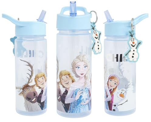 Disney Polar Gear Bouteille d'eau pour enfants avec paille La Reine des Neiges 500 ml – Cadeaux de la Reine des Neiges – Fournitures de rentrée scolaire – Bouteille d'eau pour filles avec breloque
