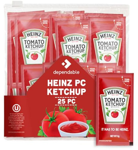 Heinz Lot de 25 paquets de ketchup – Paquet de condiments à portion individuelle, sans gluten, casher – ketchup dans un sac hermétique de qualité alimentaire personnalisé