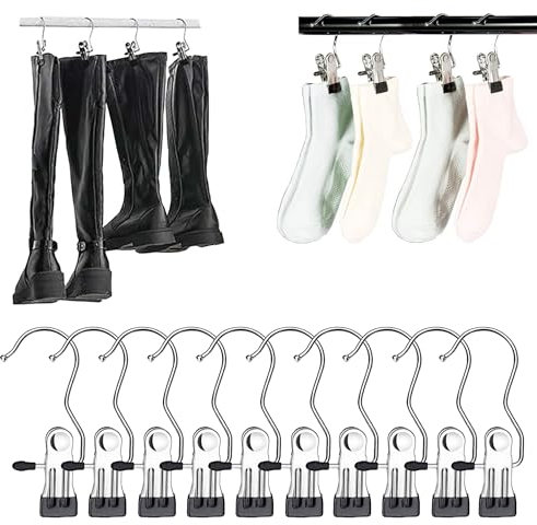 10 Pack wäscheklammern Edelstahl,kleiderbügel mit klammern,klammerhaken,kleiderbügel mit Klammer,360° Drehbarer kleiderbügel Haken,rutschfest Tragbare,klemmhaken für Stiefel Handtuch Hut Hosen Socke
