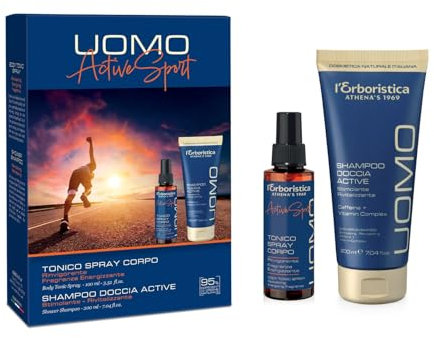 L'Erboristica Athena's | Confezione Uomo Active, Cofanetto con Tonico Spray Corpo Rinvigorente 100 ml, Shampoo Doccia Active Stimolante e Rivitalizzante 200ml, Made in Italy