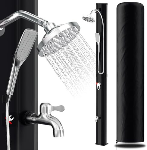 Herrselsam Solardusche 35L Solar Gartendusche warmes Wasser Bis Zu 60°C Ohne Stromanschluss Pooldusche Camping mit Fußdusche und handbrause schwenkbarem Regenduschkopf Schutzhülle Schwarz