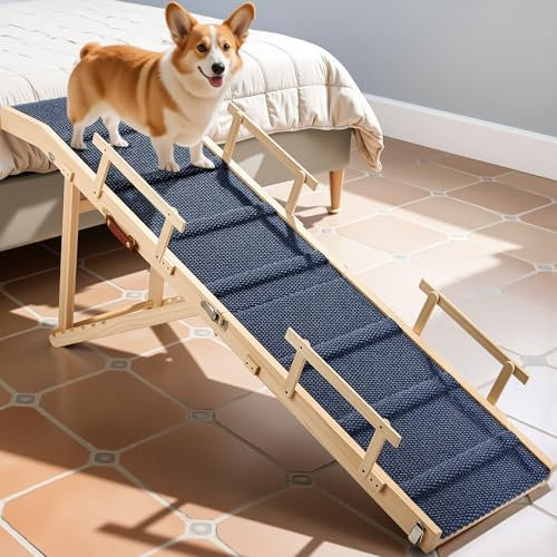 Rampa para perros para cama con rieles, rampa plegable para mascotas de 64 pulgadas de largo para perros pequeños y grandes, rampas para perros para camas altas, coche, alta tracción con riel lateral