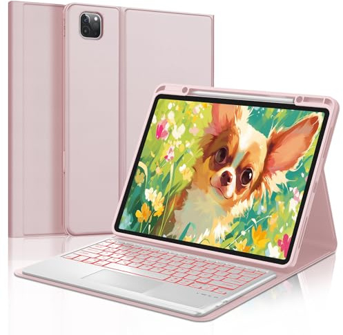 SENGBIRCH Hülle mit Tastatur für iPad Pro 12.9 6/5/4/3. Gen - Deutsches QWERTZ Beleuchtete Touchpad Tastatur Magnetische Kabelloser Bluetooth Abnehmbar für iPad Air 13 (M3 2025/M2 2024), Rosa