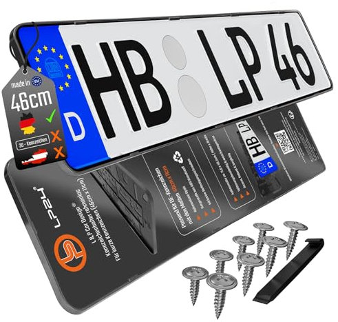 Kennzeichenhalter Rahmenlos Nummernschildhalterung 460x110mm inkl. 8 Schrauben [dezent & sicher] rahmenlose Kennzeichenhalterung Auto Nummernschildhalter Kennzeichen Halterung pkw schwarz 2 Stück