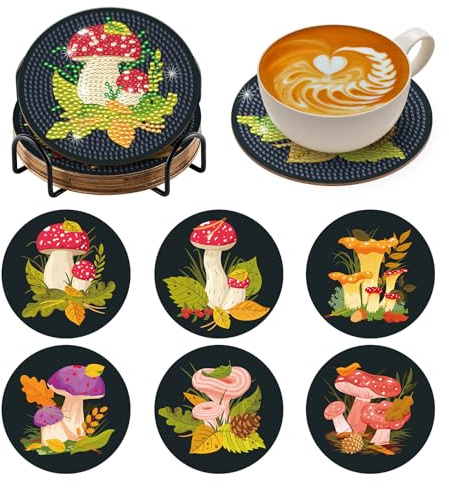 BNG Diamond Painting Untersetzer Pilz Mit Halter, 6 Stück DIY Bastel Untersetzer für Erwachsene, Kunstmalerei Sets für Frauen, Anfänger, Diamant Bastelzubehör
