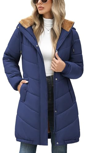 RITOSTA Long Womens Jacket Fleece Lined Coats Winter Puffer Jackets Ladies Quilted Down Jacket Zip Up Padded Coat Warm Casual Outdoor Hooded Parka Overcoat with Pockets(Navy,L)