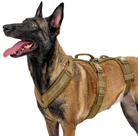 OneTigris Hundegeschirr, HOUNDLOCK Taktisches Geschirr Ausbruchsicher Einstellbar Weich Gepolstert Brustgeschirr mit 1 Griff, 2 D-Ringe und Reflektierend (Braun, XL)