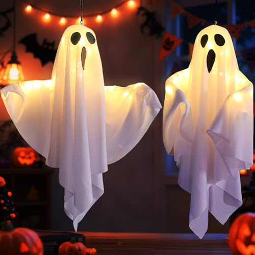 LUKIUP 2 Stück Halloween Geister Deko, LED Halloween Deko Outdoor, 50cm Geist mit 3 Lichtmodi Geister Deko, Hängende Dekoration für Garten Vorgarten Terrasse Party Veranda (Weiß)