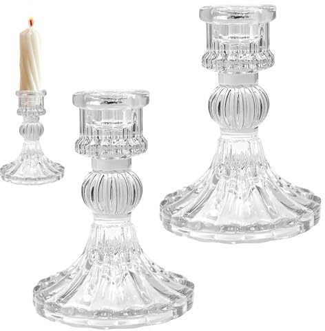 2 Pièces Bougeoir en Verre, Chandelier pour Bougies Tige, Décoration Transparente Au Design Strié pour Table Salon Et Réceptions (2)