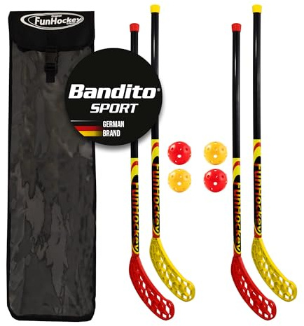 Bandito FunHockey Set di racchette con palline e borsa per bambini, Floorball Stick, per giardino, hockey su strada, per mancini, 4 palline, 4 racchette, 1 borsa