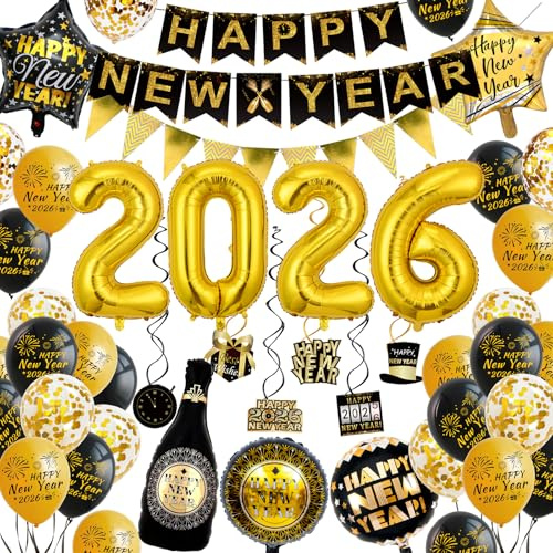 WINAROI Silvester Deko 2026,Happy New Year 2026 Schwarz Gold,New Year Dekoration 2026 Luftballons Neujahr Deko 2026,Silvester Deko Schwarz Gold Ballon mit Silvester Banner, Neujahr Silvesterdeko Set