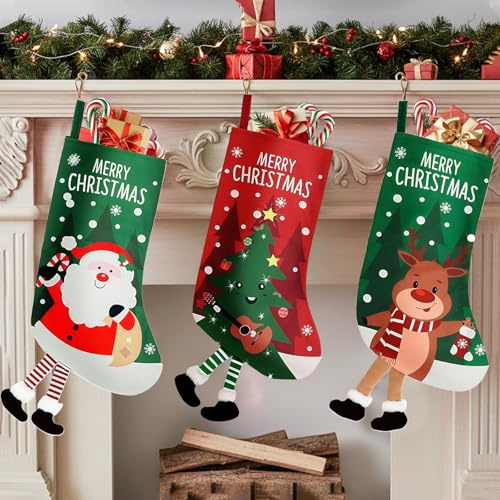 Yiomxhi 3 Stück Weihnachtsstrumpf Nikolausstrumpf zum Befüllen, 44cm Große Nikolausstiefel Aufhängen Nikolaussocken für Party Weihnachten Deko Kamin Weihnachtsbaum, Rot Grün