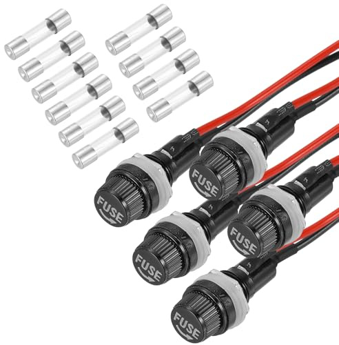 QUARKZMAN 5 Pcs Porte-Cartouche À Fusible À Montage Panneau, 10/15A AC 125/250V 5 x 20mm Porte-Cartouche À Fusible À Borne Spade À Capuchon Vissé avec Fils Et 10 Fusibles À Tube Verre 2A