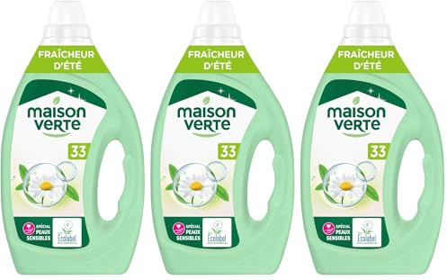 Maison Verte - Lessive Liquide - Parfum Fraîcheur d'Ete - Lessive Détachante - Spécial Peaux Sensibles - Efficace dès 20°C - 5 Enzymes Actives d'Origine Naturelle - Sans Conservateurs - 33 Lavages