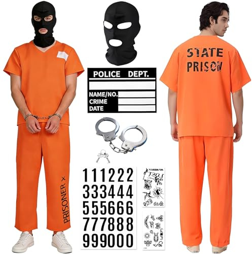 Shengruili Sträfling Kostüm,Prisoner Overall Kostüm,Gefängnis kostüm Zubehör,Erwachsener Gefängnis,Herren Damen Orange prisoner Costume für costume Cosplay