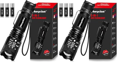 morpilot Linterna Táctica y UV 2 en 1, Linterna LED 500LM, Linterna Militar, Aluminio, Anti-caída, Impermeable IPX4, 4 Modos, 395nm Lampara UV para Detector Billetes, 3 Baterías Incluidas