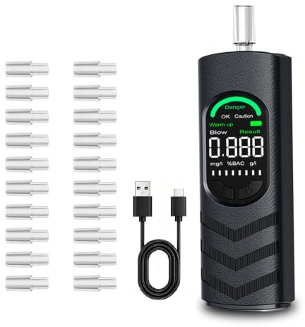YRHWS Alkoholtester, Alkoholmessgeräte Polizeigenau Promilletester mit USB-C Akku, Professioneller Alkohol Tester mit 20 Mundstücken und Digitaler LCD Bildschirm