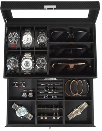 Nestwerk Herren Schmuckkästchen – Uhrenbox & Brillenbox mit großem Glasdeckel, 2 Ebenen, 6 Fächer, abschließbar, Geschenkidee, Schwarz