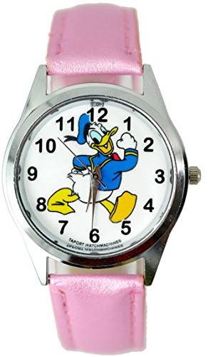TAPORT®, Quarz-Armbanduhr mit Donald-Duck-Motiv (Disney) und rosafarbenem Lederarmband, mit Ersatzbatterie und Geschenkbeutel.