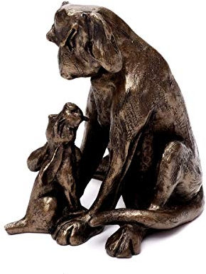 Brillibrum Design Moderne Hunde Figur Bronze in Handarbeit gefertigt schwere Skulptur Hund aus Kunstharz Hundefigur mit Welpe Dog Sculpture Jagdhund mit Welpen Antik-Stil Unikat
