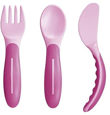 MAM Baby'S Cutlery Set Posate Antiscivolo,con Forchetta, Cucchiaio e Coltello, 6+ Mesi, Rosa