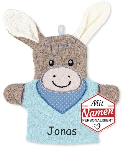 Sterntaler Spiel-Waschhandschuh mit Namen bestickt, Esel Emmi Waschlappen für Kinder & Babys personalisiert, 22 cm Blau Junge